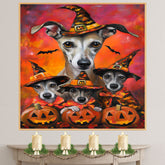 Greyhound Dog Halloween Canvas Wall Art with Pumpkins and Witch Hat Rustic Fall Farmhouse Decor on Ready to Hang 1.5" Thick Canvas Wrap, Floating Framed Canvas, Flat Rolled Canvas